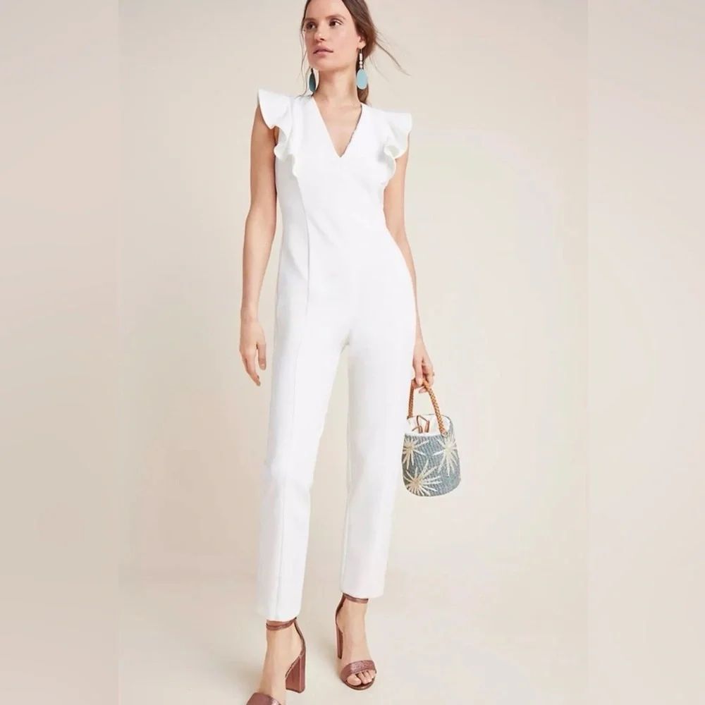 Anthropologie Black Halo Deklyn Jumpsuit White Sleeveless Ruffle V Neck Women 6